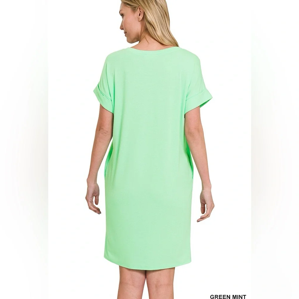 Zenana Sand Beige Short Cuffed Sleeves and Functional Pockets Tee Shirt Dress - Picture 4 of 5